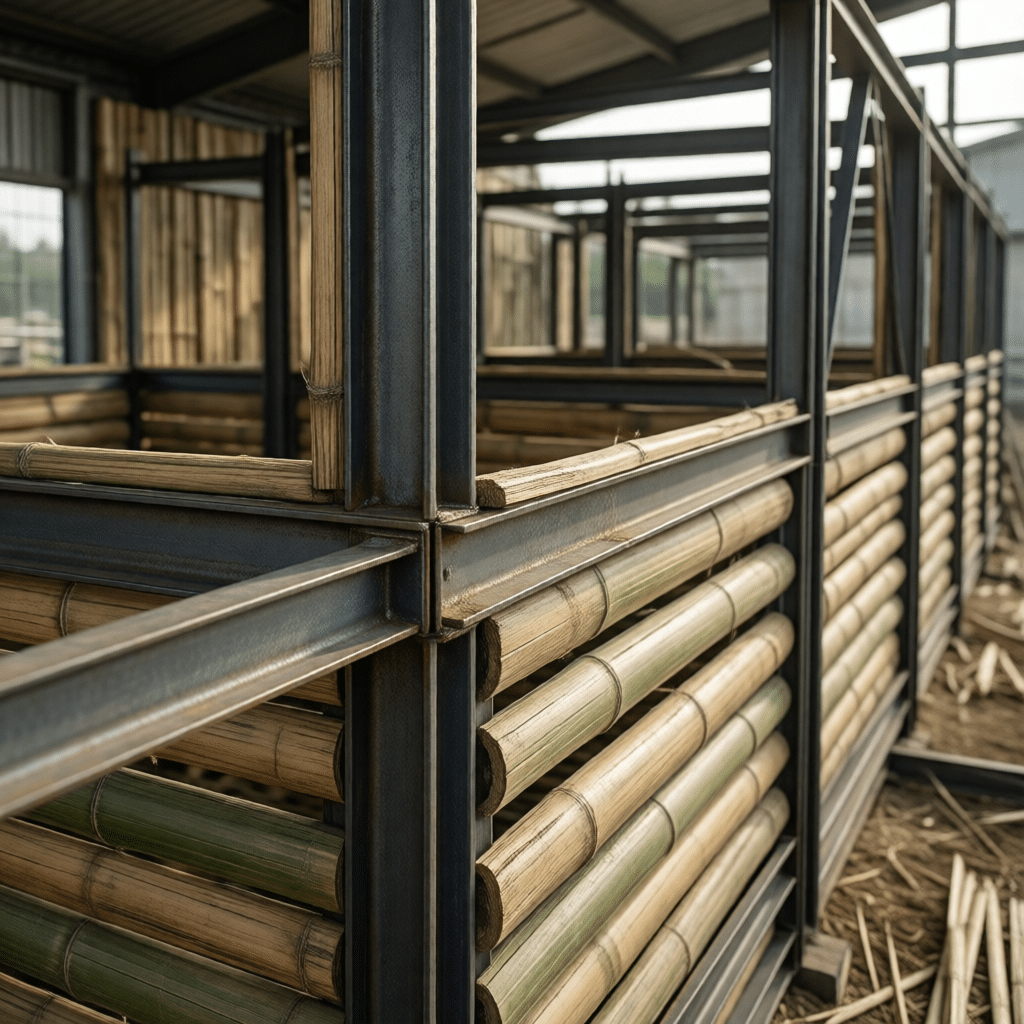 A close-up view of horse stall panels constructed with bamboo and steel, showcasing a blend of natural and industrial materials for stable equipment.