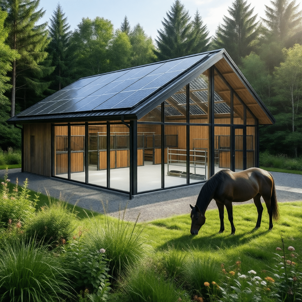 A modern horse stable with large glass windows and solar panels on the roof, surrounded by lush greenery, with a horse grazing in the foreground.