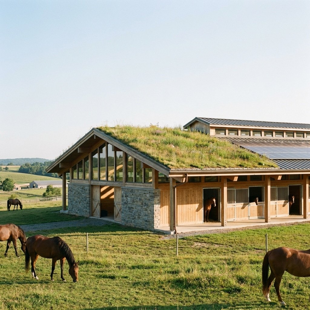A modern horse stable with a green roof and solar panels, featuring wooden stalls and large windows. Horses graze in the surrounding grassy field under a clear sky.