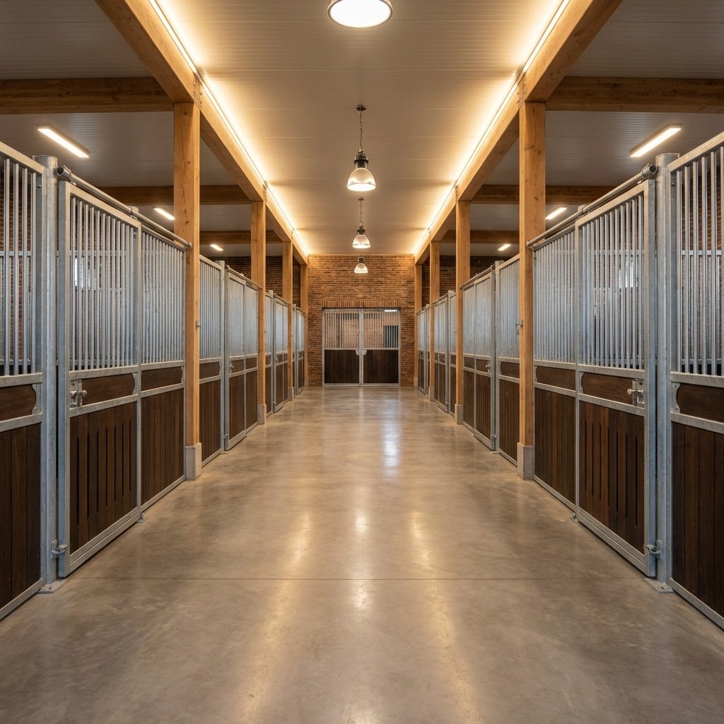 Hyperrealistic product photography of interior horse stable corridor, hot-dip galvanized horse stalls lining both sides, clean concrete floor, professional equestrian center lighting, sturdy construction details, commercial grade infrastructure, no signage, no text, --ar 16:9