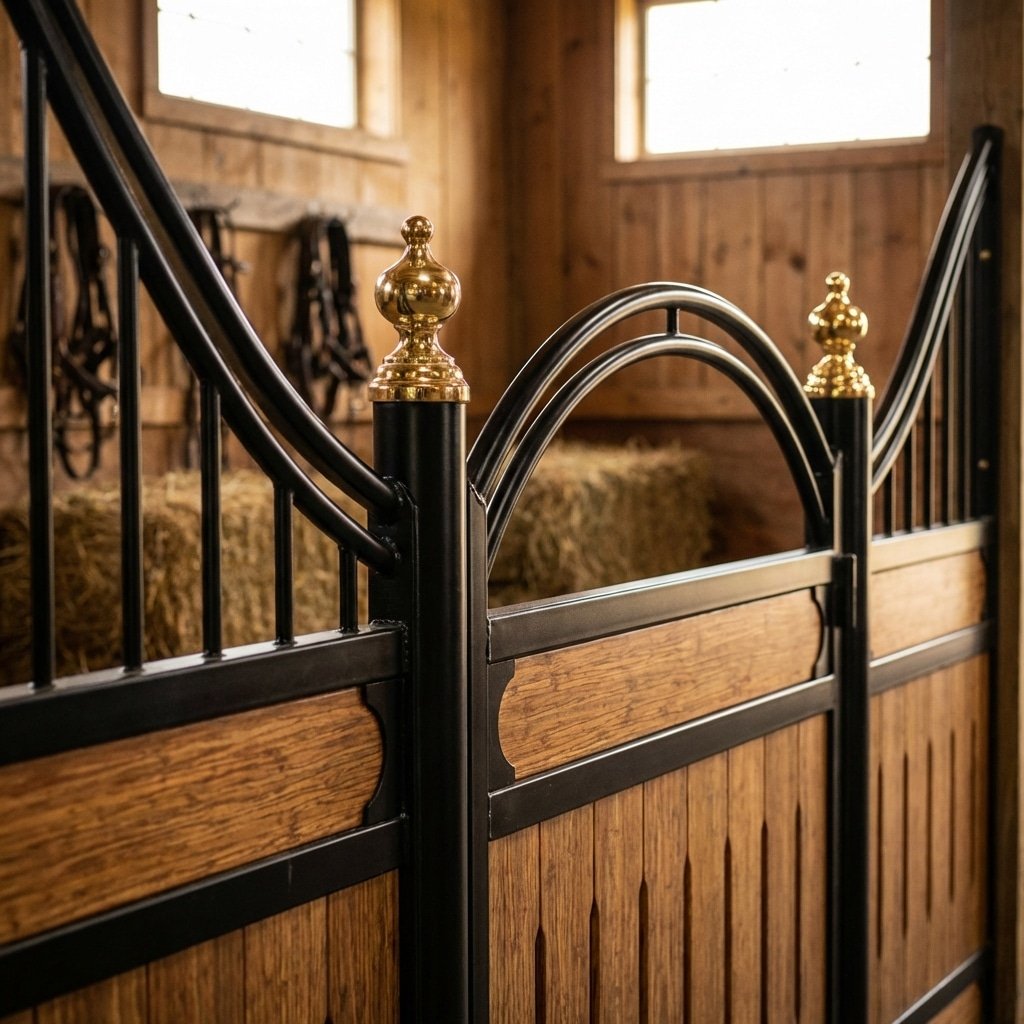 A close-up view of a stylish horse stable gate featuring black metal bars with gold finials and wooden panels, set within a rustic stable interior with hay bales and saddle racks in the background.