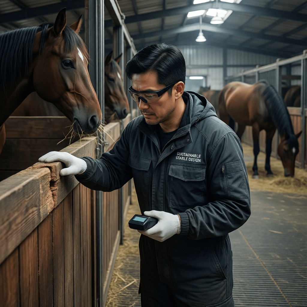 A stable worker in a black 'Sustainable Stable Design' jacket and white gloves inspects horse stalls, holding a device while interacting with a curious brown horse in a well-lit barn.