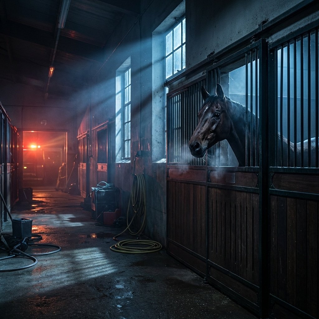 Hyperrealistic product photography of a modern horse stable at night, emergency atmosphere, a horse looking out from a sturdy stall door, moonlight streaming through windows illuminating dust particles, dark moody lighting, high contrast, 16:9 aspect ratio, no text, no signage, no English characters visible --ar 16:9 --style raw --v 6.0