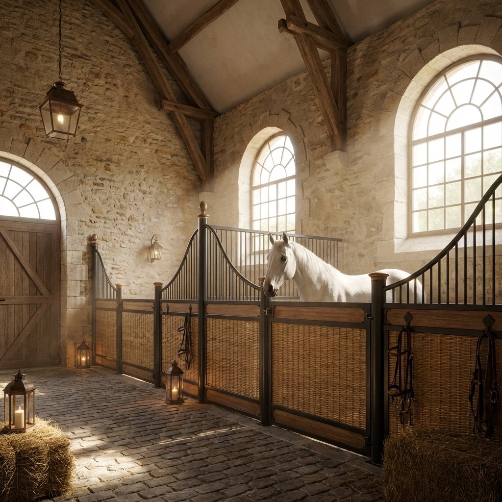 Luxury Horse Stalls & Stable Equipment A white horse stands gracefully in a luxurious stable with stone walls, arched windows, and elegant metal and wicker stall panels, illuminated by warm lanterns.
