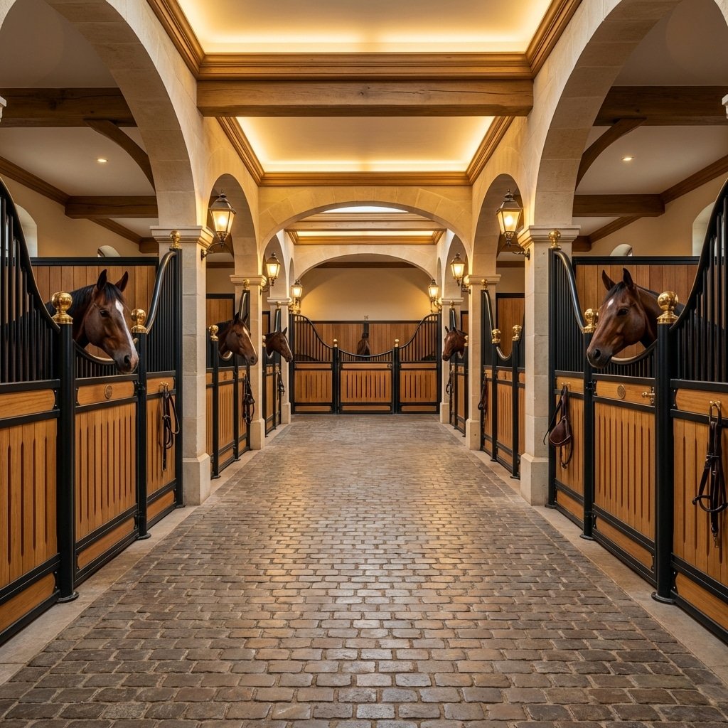 Luxury Horse Stalls & Stable Equipment Export A grand stable hallway with elegant arched ceilings, featuring multiple horse stalls with wooden panels and black metal gates. Horses peek out from their stalls, showcasing a sophisticated and well-maintained equestrian facility.