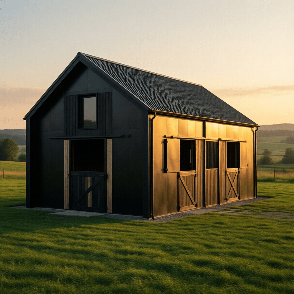 A modern horse stable barn with a sleek black and gold exterior, featuring large doors and windows, set in a serene green field during sunset.