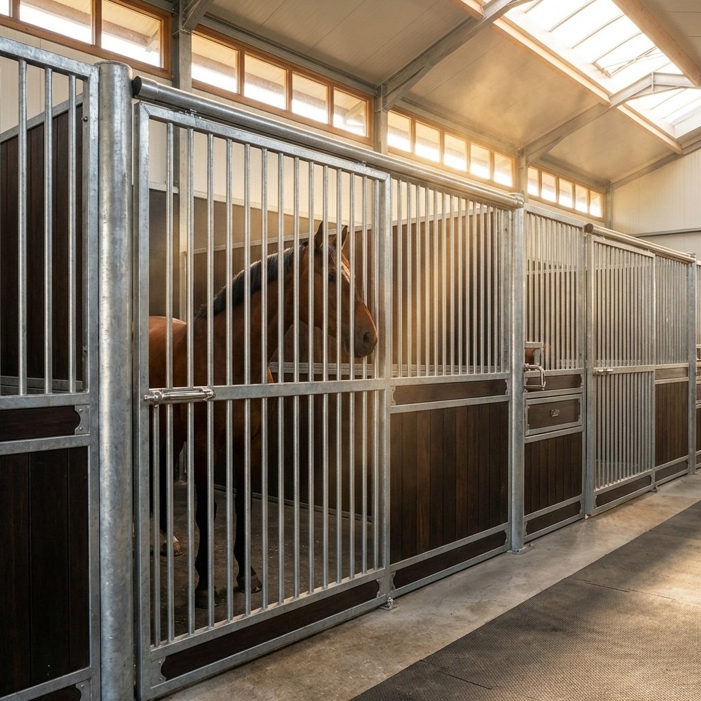 A row of modern horse stalls with galvanized steel bars and wooden panels, featuring a brown horse in one of the stalls under bright natural light from skylights.