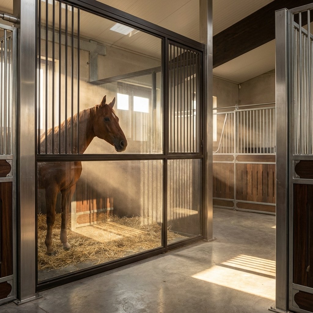 Hyperrealistic product photography of a modern horse stable interior, a calm brown horse standing behind a tempered glass window with black steel grills, sunlight streaming through the glass illuminating the horse stalls, dust particles in light beams, high detail, 16:9 aspect ratio, no text --ar 16:9 --no text