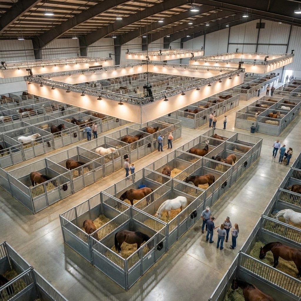 hyperrealistic product photography of a grand state fair expo hall filled with rows of modular galvanized horse stalls, high angle view, professional event lighting, clean and organized, horses grazing inside, 8k, highly detailed, no text, no signs, no letters --ar 16:9 --stylize 250 --v 6.0