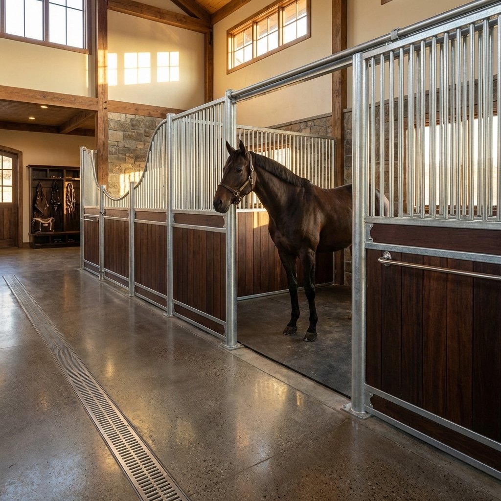 hyperrealistic product photography of a luxury horse stable interior, wide angle view showing a clean horse stall with a visible sloped concrete floor leading to a drainage channel, a healthy horse standing calmly inside, galvanized steel stall bars gleaming under warm natural sunlight, architectural digest style, high detail, 8k resolution, no text signage, no letters, --ar 16:9 --stylize 250