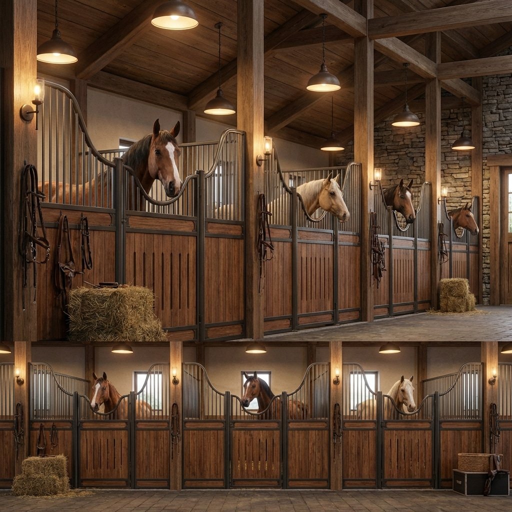 超写实产品摄影,现代马厩内部全景,半墙马匹隔间,固体底部和钢格栅顶部,温暖灯光,马匹站立,十六比九画幅 --ar 16:9