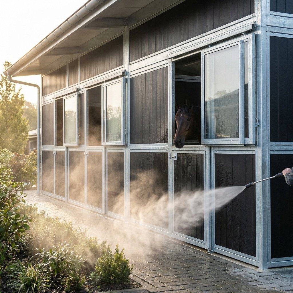 hyperrealistic product photography of a modern hot-dip galvanized horse stable exterior, sleek black HDPE infill panels, a thoroughbred horse looking out from the window, mist from power washing in the air, sunlight reflecting off the zinc coated steel frame, professional equestrian facility, cinematic lighting, highly detailed, 8k, --ar 16:9 --no text, letters, watermark, english characters