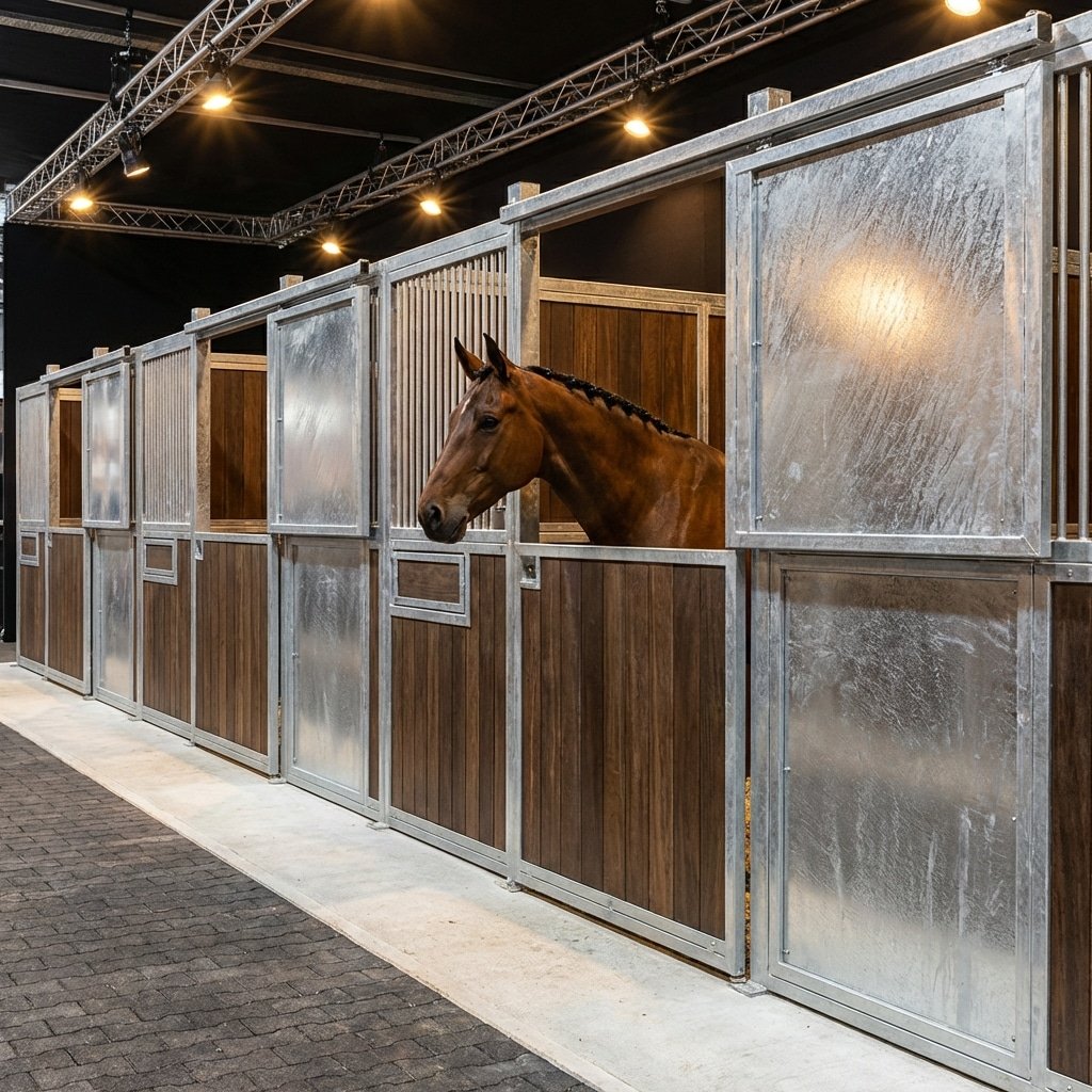 hyperrealistic product photography of a premium horse stable interior, hot-dip galvanized steel horse stalls, clean modern barn aisle, a healthy horse standing inside the stall, professional trade show lighting, high detail metal texture, no text, no signage, no letters --ar 16:9 --stylize 250 --v 6.0
