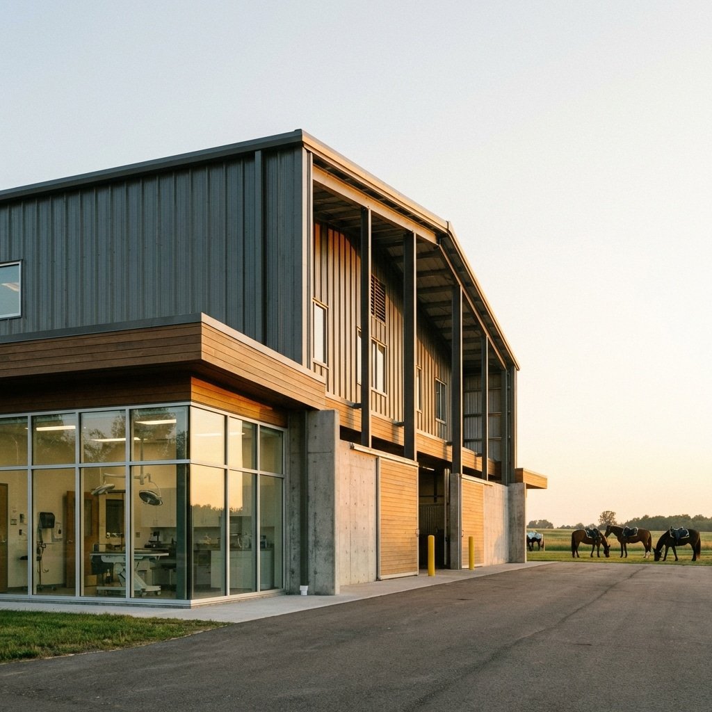 超写实产品摄影,重型警用马厩外部建筑全景,坚固的钢结构马厩,现代化兽医设施,金色黄昏阳光,几匹警用马在远处吃草,比例 16:9,画面中无任何文字