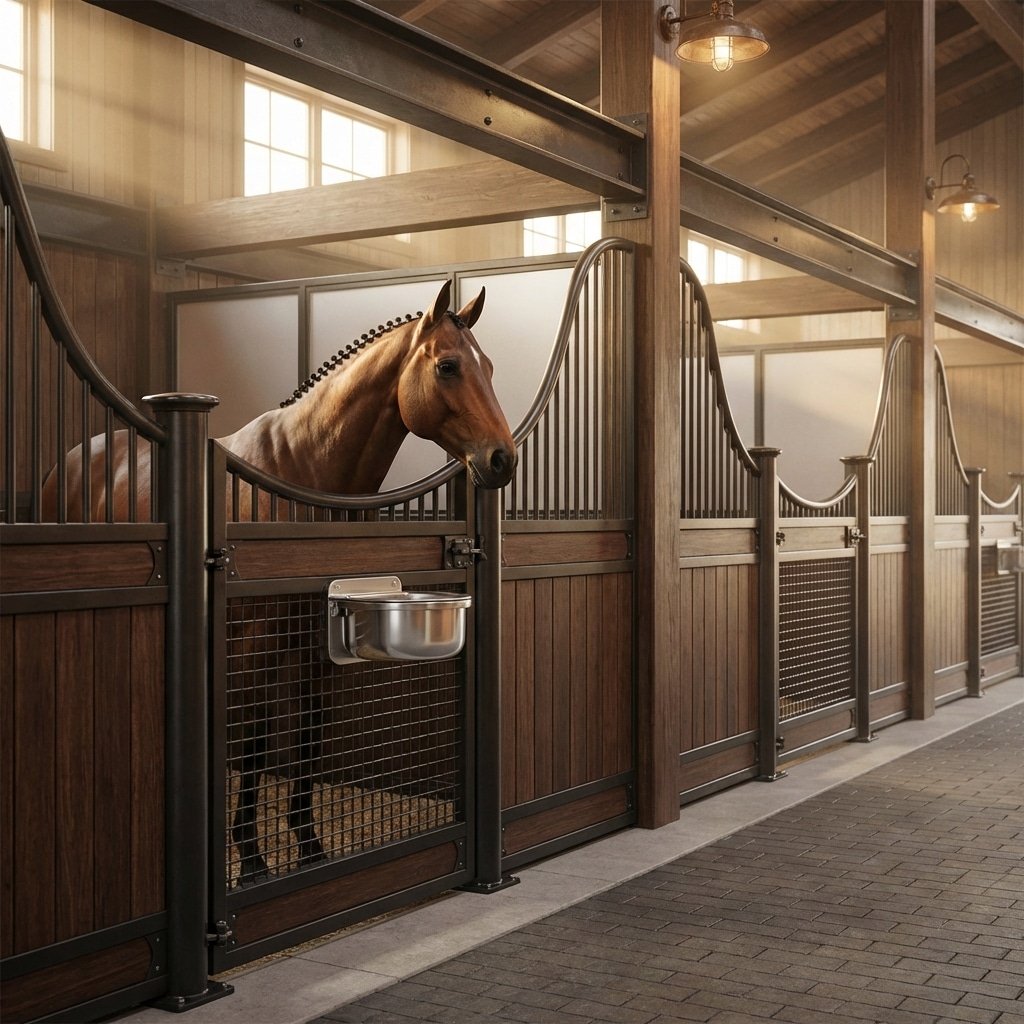 Hyperrealistic product photography of a luxurious horse stable interior, a thoroughbred horse standing calmly inside a heavy-duty horse stall, cast aluminum swivel feeder mounted on the stall door, aisle view, warm ambient lighting, Q345B steel framework visible, HDPE partitions, 8k resolution, cinematic lighting, volumetric fog, no text, no signage, no letters --ar 16:9