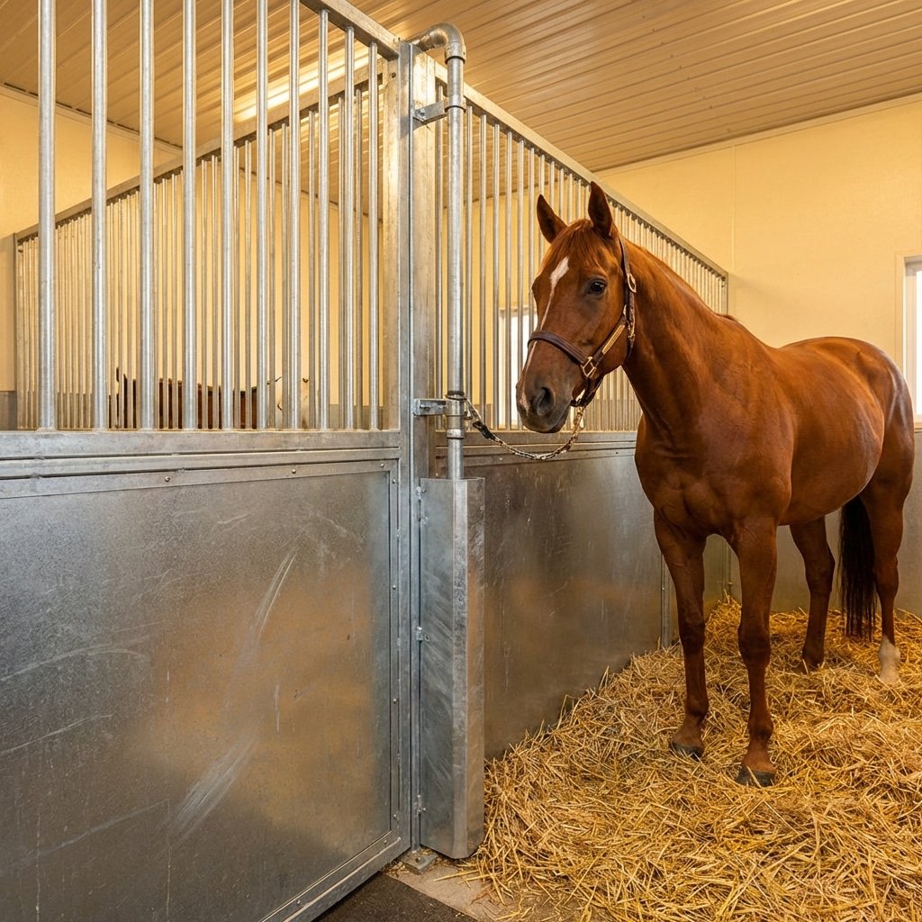 马厩内部全景,一匹马站在金属马栏旁,自动饮水器管道包裹着镀锌钢护管,超写实产品摄影,温暖灯光,干净垫料,16:9 比例