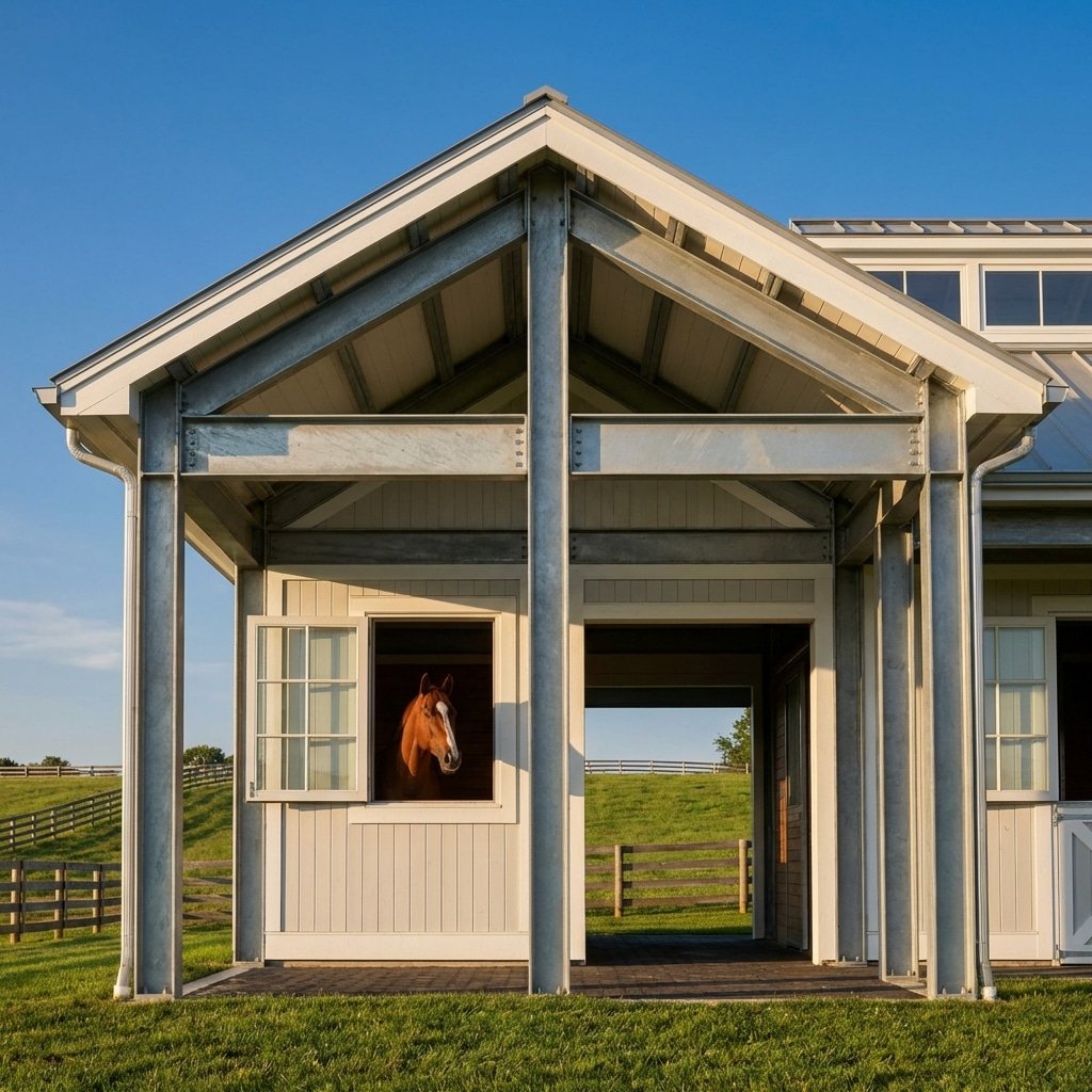 Hyperrealistic product photography of a premium horse stable exterior, hot-dip galvanized steel beams, white trim, a chestnut horse looking out from the window, lush green pasture, clear blue sky, architectural symmetry, 8k resolution, cinematic lighting --ar 16:9 --v 6.0 --no text, watermark, letters, signature