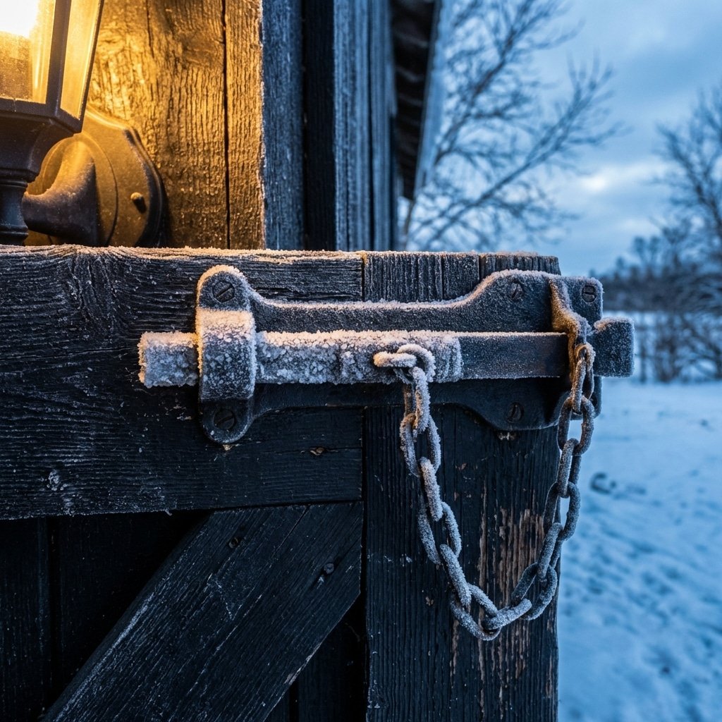 hyperrealistic product photography, close-up of a heavy-duty metal horse stall latch on a black stable door, winter season, frost accumulating on the metal surface, warm golden light spilling from inside the horse stable, cold blue snow outside, depth of field, 8k resolution, no text, no english characters --ar 16:9