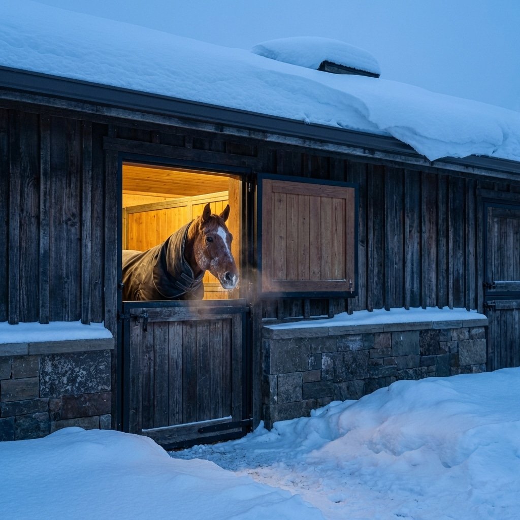 hyperrealistic product photography of a premium horse stable exterior in winter snow, senior horse visible inside through open top half of stall door, solid panel construction, warm interior lighting contrasting cold blue exterior, 16:9 aspect ratio, no text signage, --ar 16:9 --style raw --v 6.0