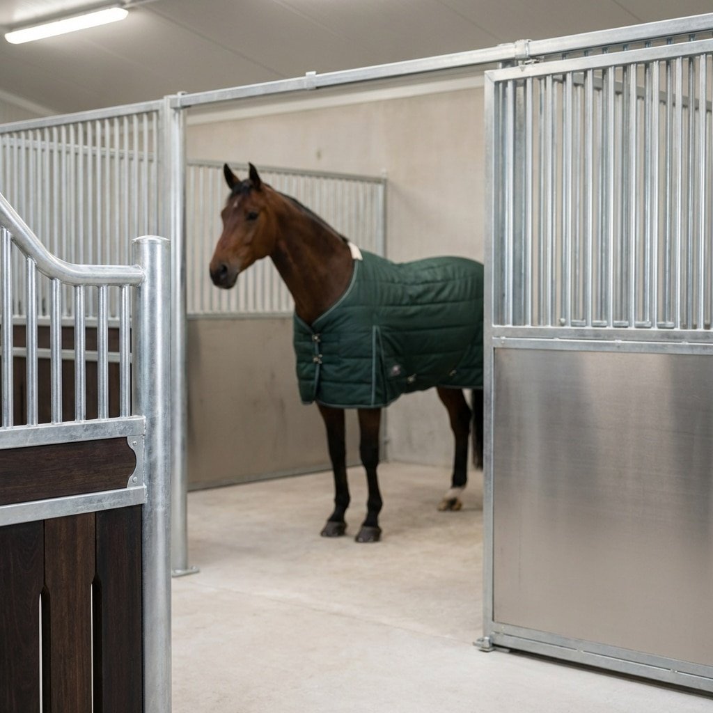 hyperrealistic product photography, a majestic bay horse standing inside a premium galvanized horse stable, wearing a thick winter turnout blanket, smooth metal bars of the horse stalls in foreground, professional equestrian facility lighting, clean background, 8k resolution, focus on horse stable structure --ar 16:9 --no text, letters, words, signage