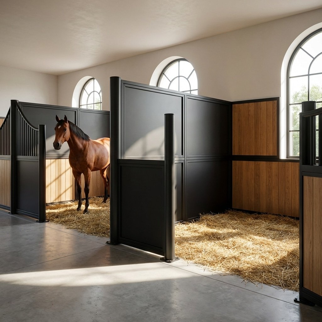 Modern Horse Stalls with Galvanized Steel Panels A well-lit stable interior featuring modern horse stalls with black and wooden panels, a brown horse standing in one stall, and straw bedding on the floor.
