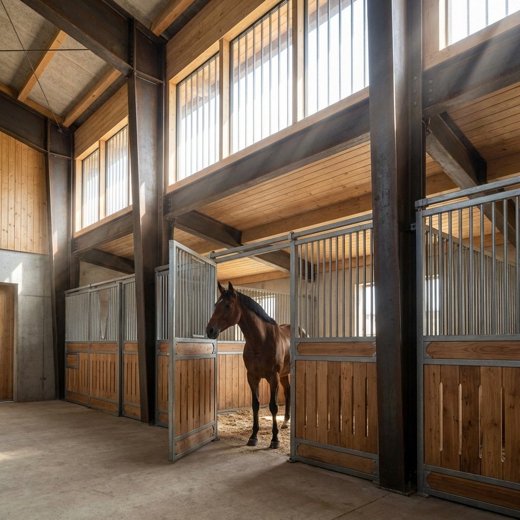 Modern Horse Stalls & Stable Equipment A brown horse stands in an open stall within a modern stable featuring wooden panels and galvanized steel bars, illuminated by natural light from large windows.