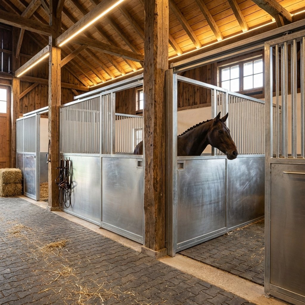 Modern Horse Stalls & Stable Equipment A well-lit stable with modern galvanized steel horse stalls, featuring a dark brown horse in one of the stalls and neatly arranged equipment along the walls.