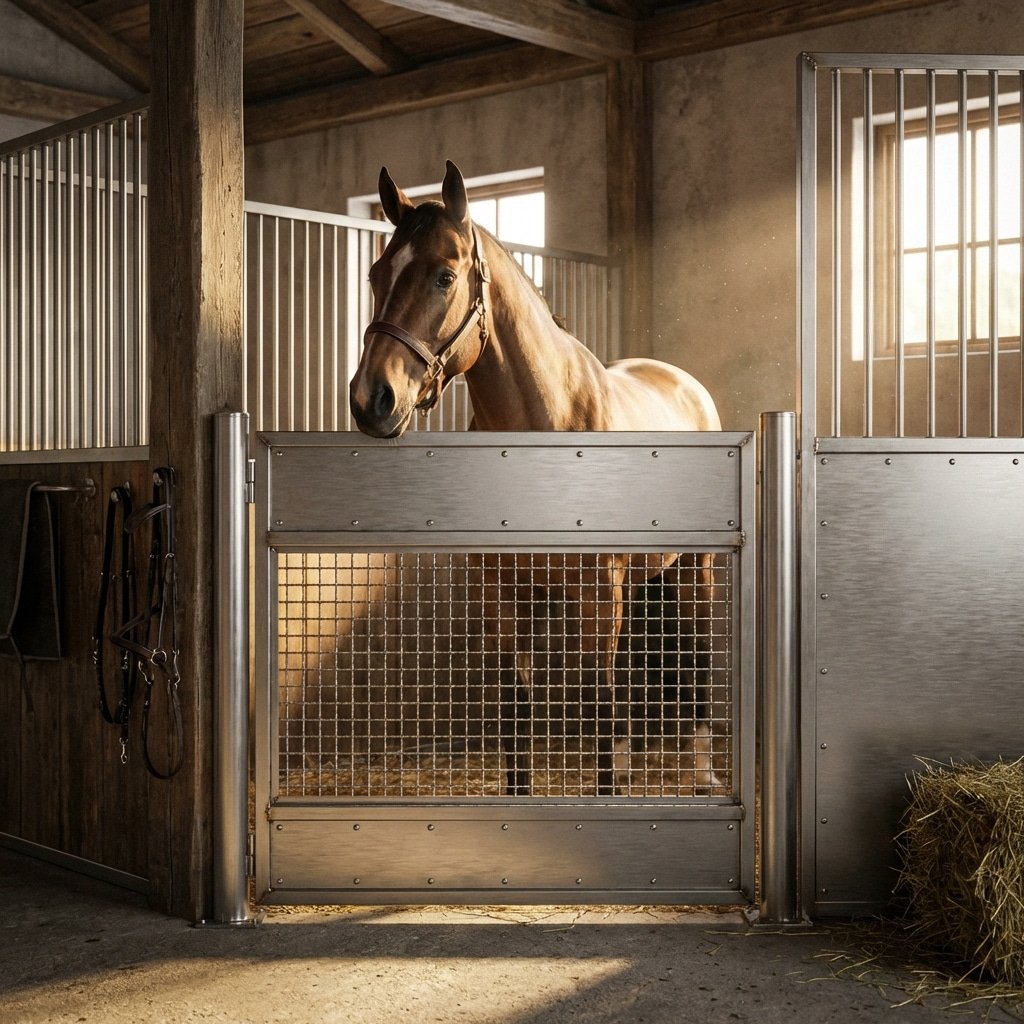 Galvanized Steel Horse Stall Gates A horse stands calmly in a modern stable stall, featuring galvanized steel gates and panels. The stall is equipped with hay on the floor and saddle racks on the wall, showcasing high-quality stable equipment.