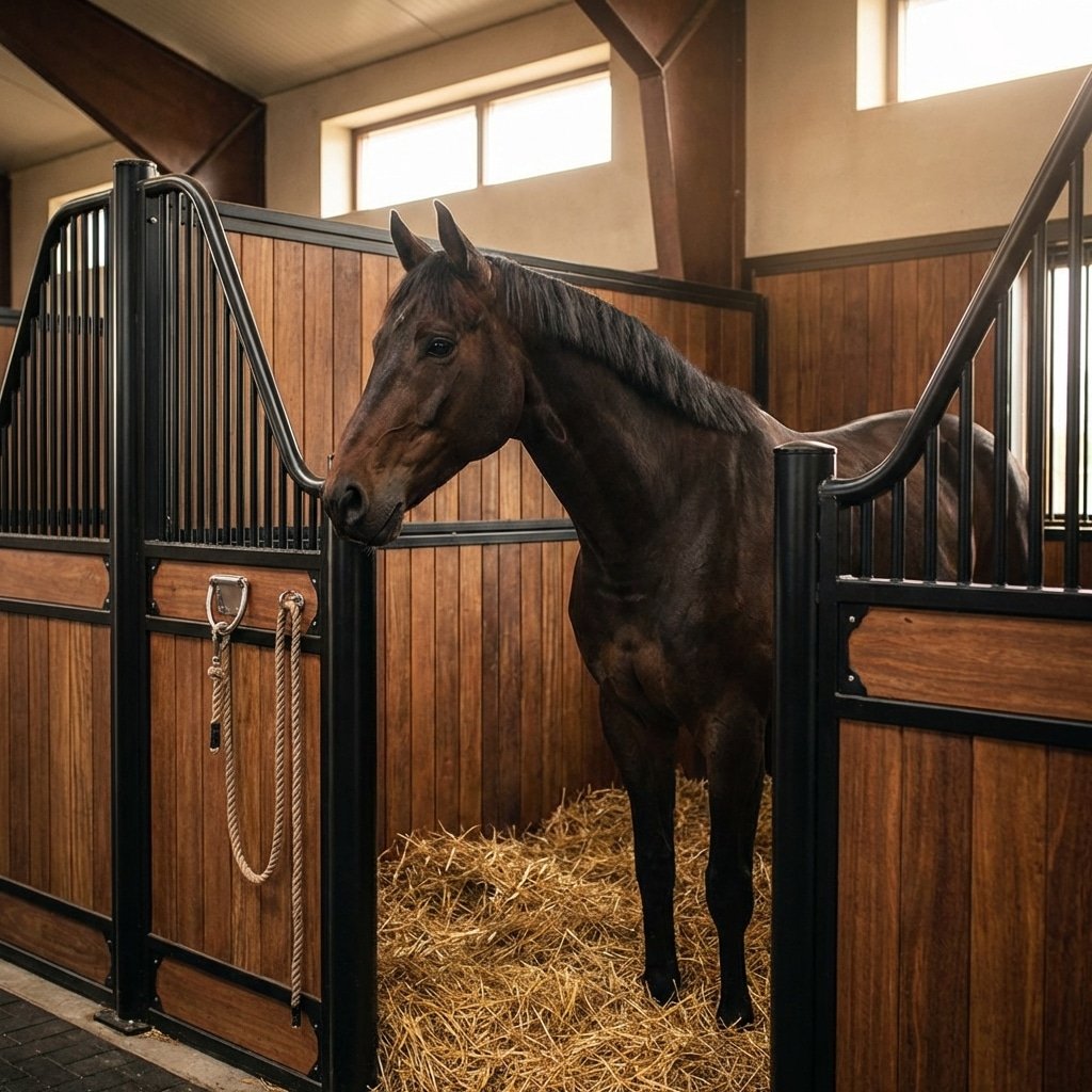 Elegant Horse Stall with Wooden Panels A dark brown horse stands calmly in a well-lit stable stall featuring wooden panels and black metal bars, with hay scattered on the floor.