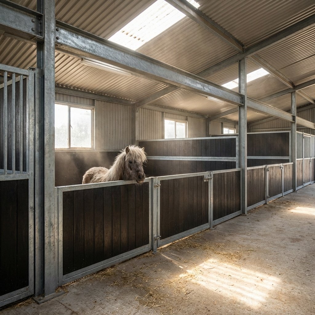 Galvanized Steel Horse Stalls & Stable Panels A light-colored horse peeks over the top of a galvanized steel stable panel in a well-lit indoor barn, showcasing durable and modern horse stall equipment.