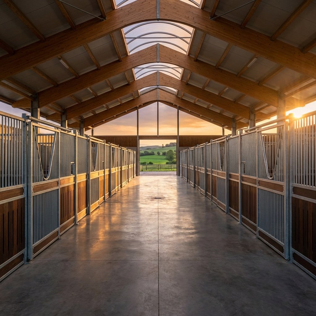 Modern Horse Stalls & Stable Equipment A spacious stable corridor with galvanized steel and wooden horse stalls on both sides, leading to an open view of a green landscape at sunset.