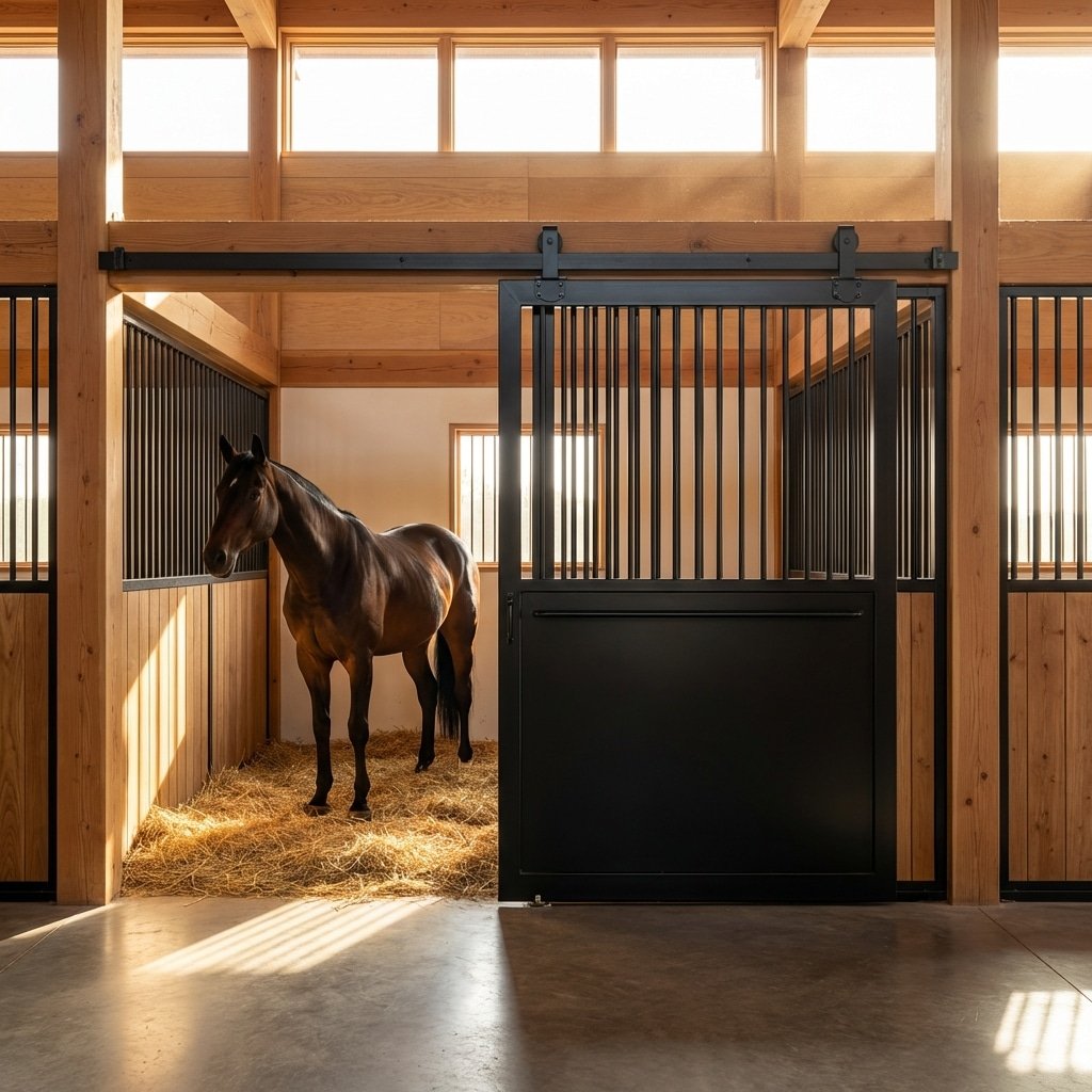 Modern Horse Stalls with Galvanized Steel Panels A well-lit stable interior featuring a horse in a stall with galvanized steel and wooden paneling, showcasing high-quality horse stable equipment.