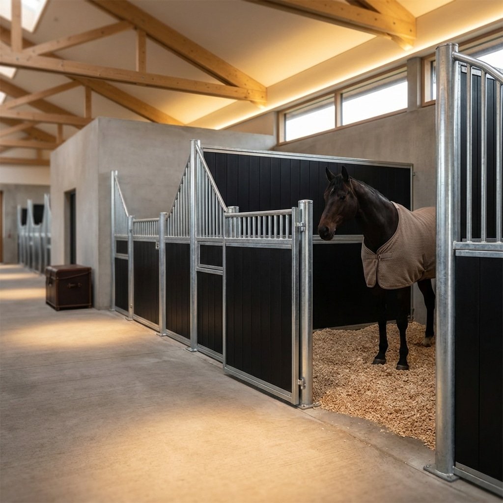 Modern Horse Stalls & Stable Equipment A horse wearing a blanket stands in a modern stable stall with galvanized steel and black panels, featuring wooden beams on the ceiling and a clean, well-lit environment.