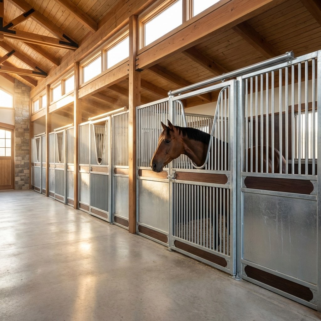 Modern Horse Stalls & Stable Equipment Solutions A well-lit stable with modern horse stalls featuring galvanized steel and wooden panels, showcasing a brown horse in one of the stalls.