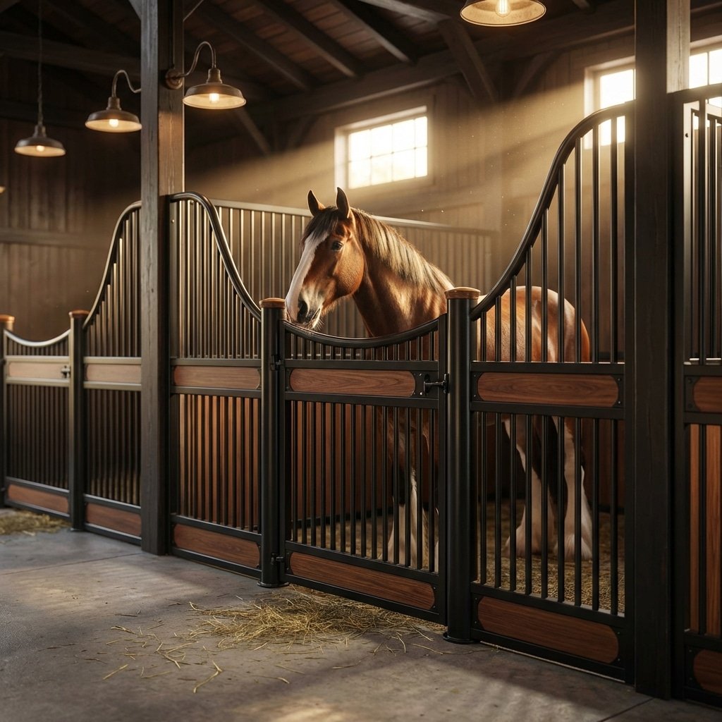 Elegant Horse Stall with Galvanized Steel Panels A majestic horse stands in a well-lit stable stall featuring galvanized steel and wooden panels, with hay scattered on the floor and warm lighting illuminating the space.