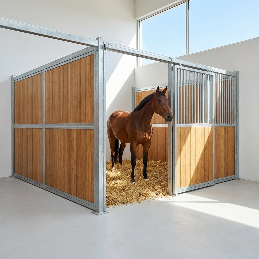 Modern Horse Stalls with Wooden Panels A brown horse stands in a modern stable stall with wooden panels and galvanized steel framing, filled with hay and illuminated by natural light from large windows.