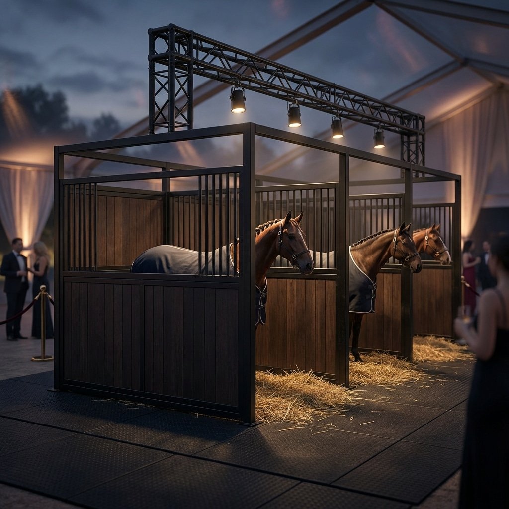 Luxury Horse Stalls for Export Elegant horse stalls with galvanized steel frames and wooden panels, housing three horses under a tented event setup with warm lighting.
