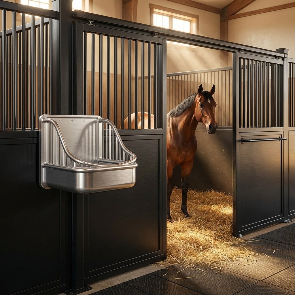 Modern Horse Stall with Hay Rack A well-lit horse stall featuring a brown horse standing on hay, equipped with a galvanized steel hay rack attached to the stall door.