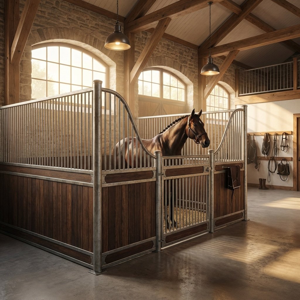 Luxury Horse Stalls & Stable Equipment A beautifully crafted horse stall with galvanized steel and wooden panels, featuring a majestic horse inside. The stable is equipped with saddle racks and other equestrian gear, set in a rustic barn with arched windows and warm lighting.