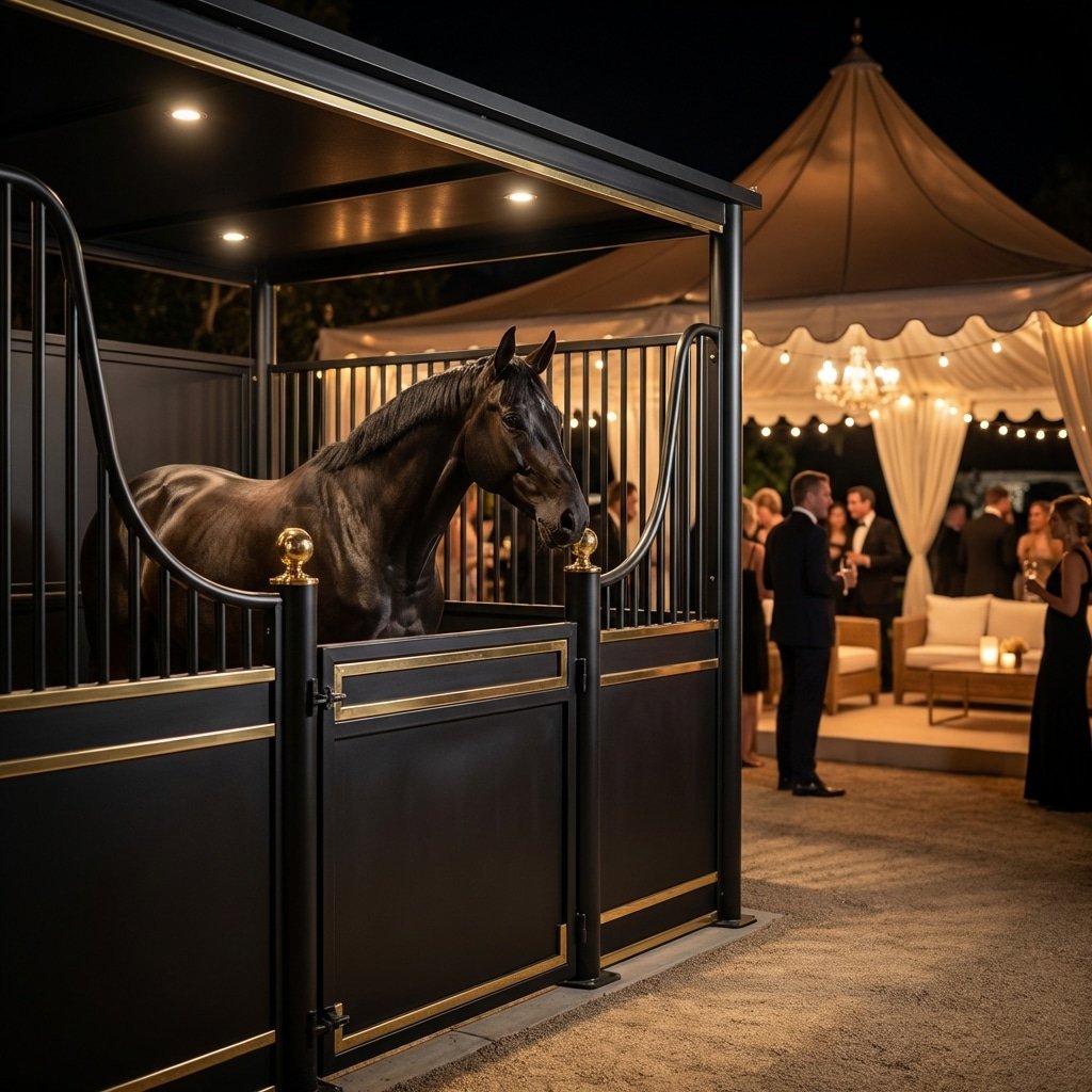 Luxury Horse Stalls & Stable Equipment Export A sleek black horse stands in a modern, well-lit stable stall with gold accents, while elegantly dressed guests gather under a tent in the background.