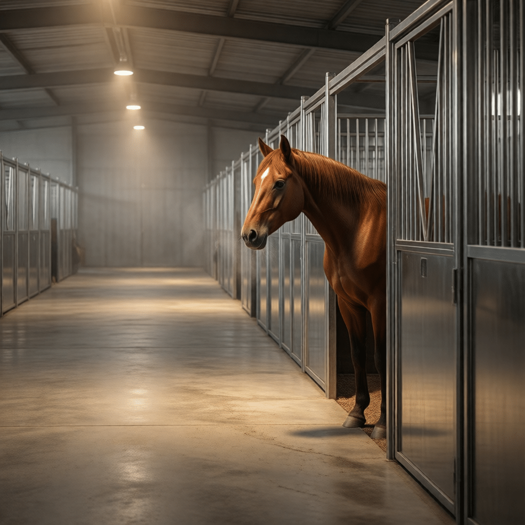 hyperrealistic product photography of a spacious modern horse stable interior, rows of modular horse stalls made of hot-dip galvanized steel, clean concrete floors, warm ambient lighting, a brown horse standing calmly in one stall, depth of field, architectural digest style, no text, no signage, no letters --ar 16:9 --stylize 250 --v 6.0