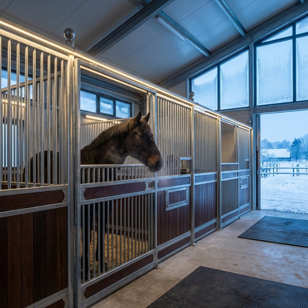 Modern Horse Stalls with Galvanized Steel A modern horse stable featuring galvanized steel stalls with wooden panels, where a horse is seen in one of the stalls, looking out towards a snowy outdoor landscape through large windows.
