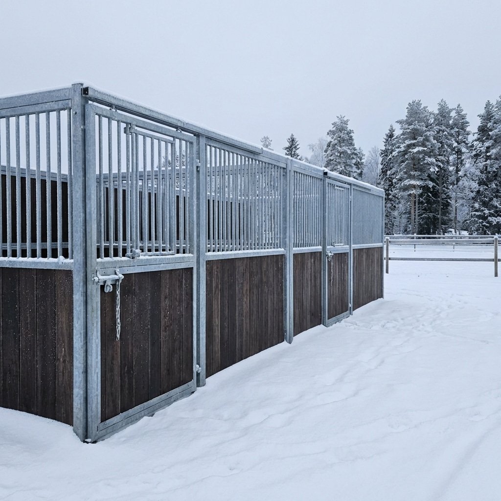 A row of horse stalls with galvanized steel upper panels and wooden lower sections, set in a snowy landscape with snow-covered trees in the background.