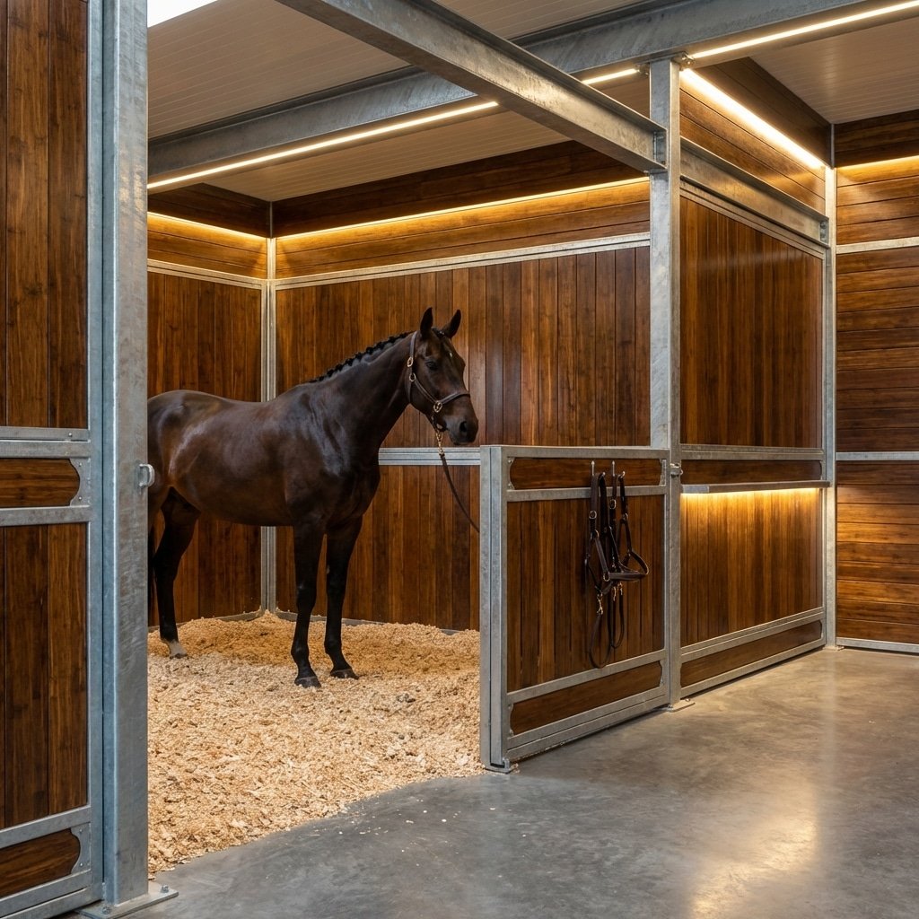 Modern Horse Stall with Wooden Panels A sleek horse stall featuring wooden panel walls and galvanized steel frames, housing a dark brown horse on wood shavings, with saddle equipment hanging on the door.