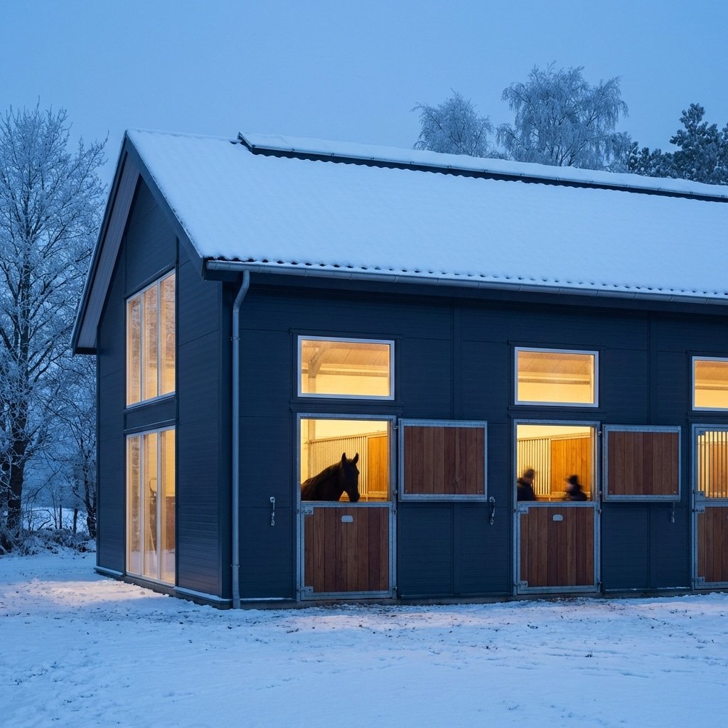 Modern Horse Stables with Snowy Ambiance A modern horse stable building with snow-covered roof and illuminated windows, showcasing horses inside the stalls, set against a snowy landscape with frosty trees.