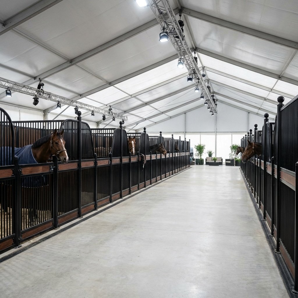 Modern Horse Stalls & Stable Equipment A spacious indoor stable with rows of modern horse stalls featuring black and wooden panels, well-lit by overhead lights, with several horses visible in their stalls.