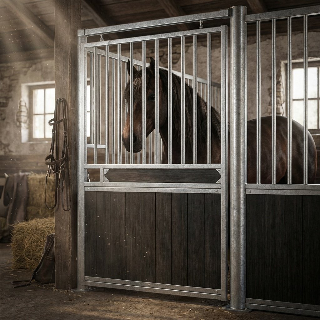 A brown horse stands calmly inside a galvanized steel stable stall with vertical bars and a wooden base, set in a rustic barn environment.