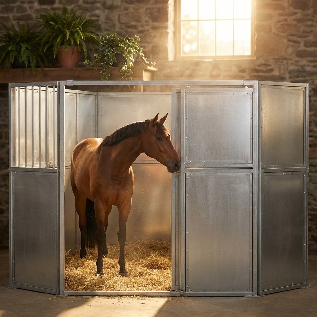Galvanized Steel Horse Stall Enclosure A brown horse stands inside a modern galvanized steel stall enclosure, with hay on the floor and sunlight streaming through a window in a rustic stable setting.