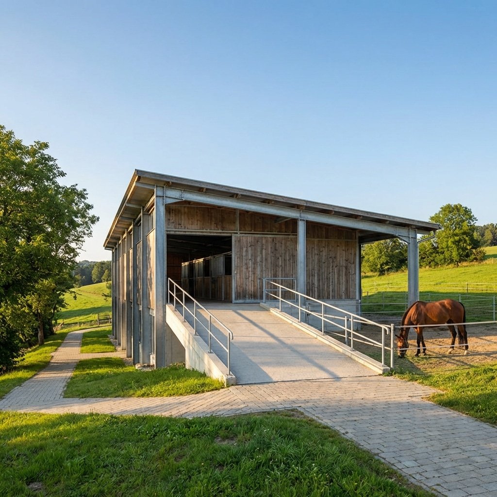 hyperrealistic product photography of a modern horse stable exterior designed for therapeutic riding, wide accessible entrance ramps, clean paved pathways, warm sunlight, green landscape, a calm horse standing nearby, high strength steel structure, hot-dip galvanized finish, architectural photography, 16:9 aspect ratio, no text, no letters, no signage --ar 16:9 --style raw --v 6.0