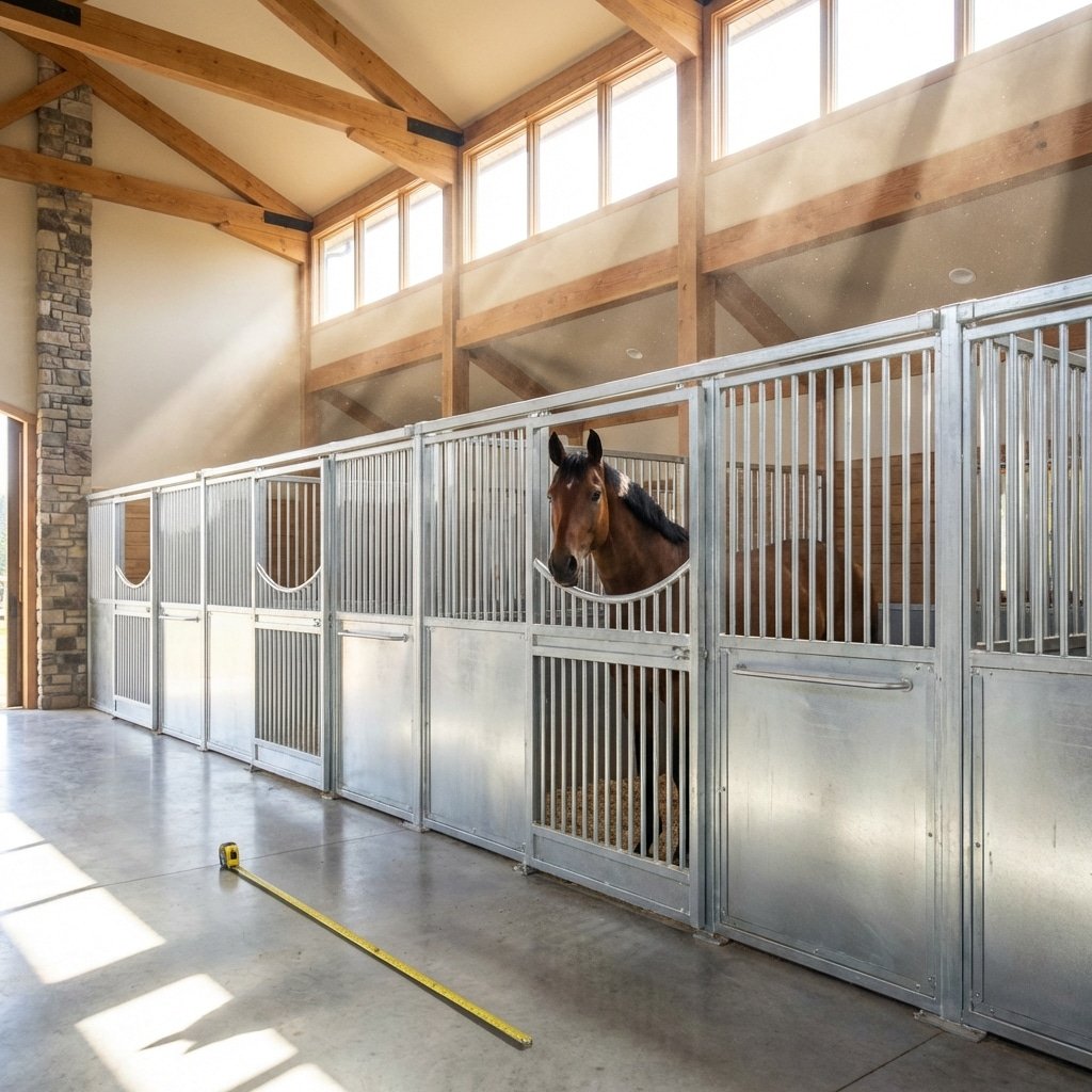 Modern Horse Stalls & Stable Equipment A row of modern horse stalls with galvanized steel doors in a well-lit stable, featuring a horse peeking out from one stall and a measuring tape on the floor.